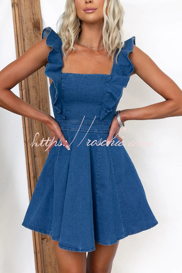 Sweet Secret Denim Square Neck Ruffle Sleeve Stretch Mini Dress