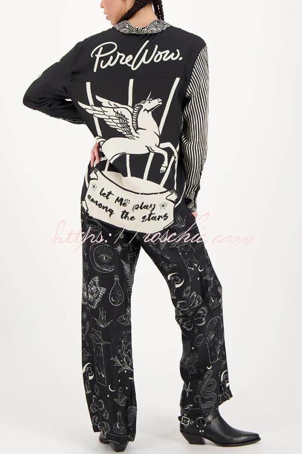 Black Magic Satin Unique Print Long Sleeve Blouse and Elastic Waist Pocket Wide Leg Pants Set