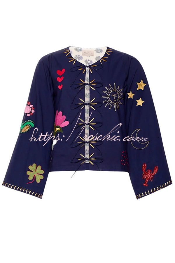 Fashionable Embroidered Lace-up Long-sleeved Loose Top