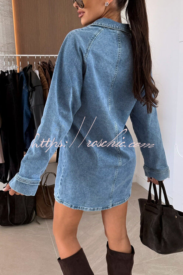 Fashion Lapel Long Sleeve Loose Denim Mini Dress