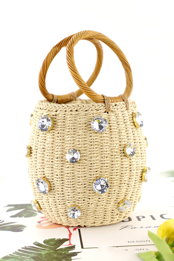 Fashionable Imitation Rhinestone Embellished Casual Barrel Rattan Bag