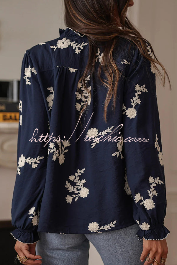 Floral Embroidery Long-Sleeved Button-Up Elegant Shirt