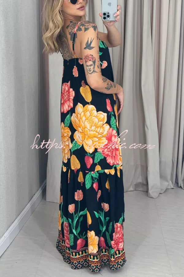 Floral Print Halter Back Loose Pocket Full Hem Maxi Dress