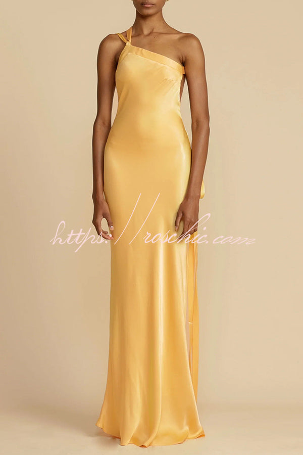 Moonlit Soiree Satin Asymmetrical One Shoulder Backless Strap Maxi Dress