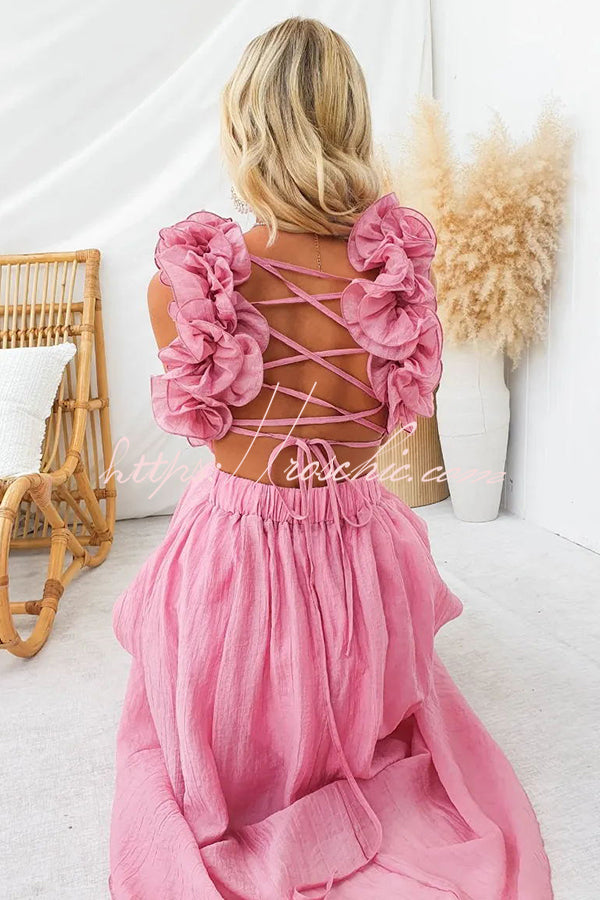 Luxe Lady Floral Ruffle Detail Back Lace-up Elastic Waist Maxi Dress roschic Luxe Lady Floral Ruffle Detail Back Lace-up Elastic Waist Maxi Dress roschic