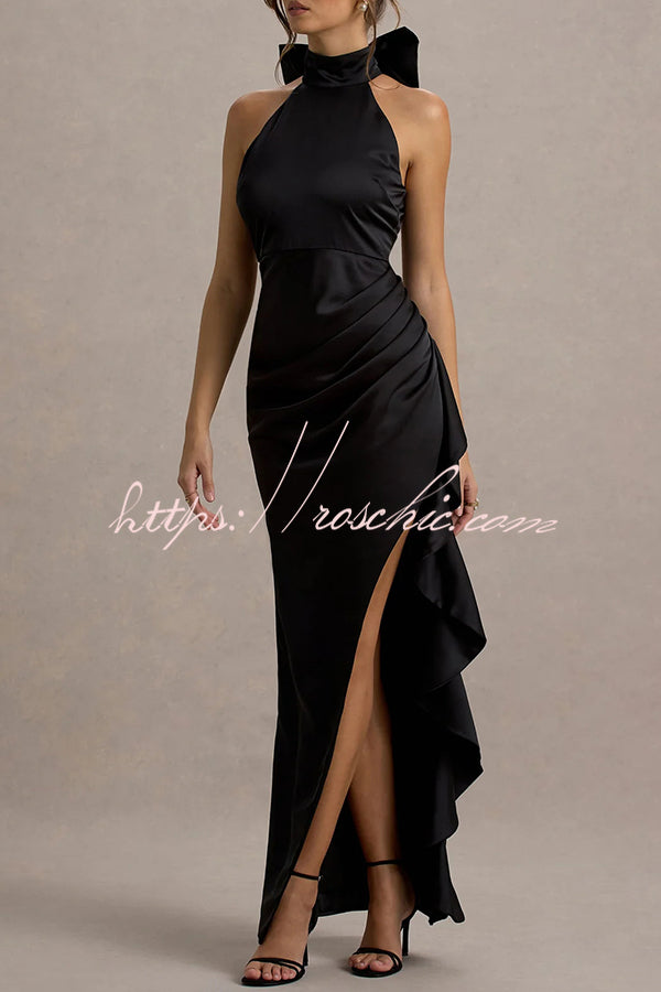 Maureen Satin High Neck Ruched Ruffle Slit Draped Maxi Dress