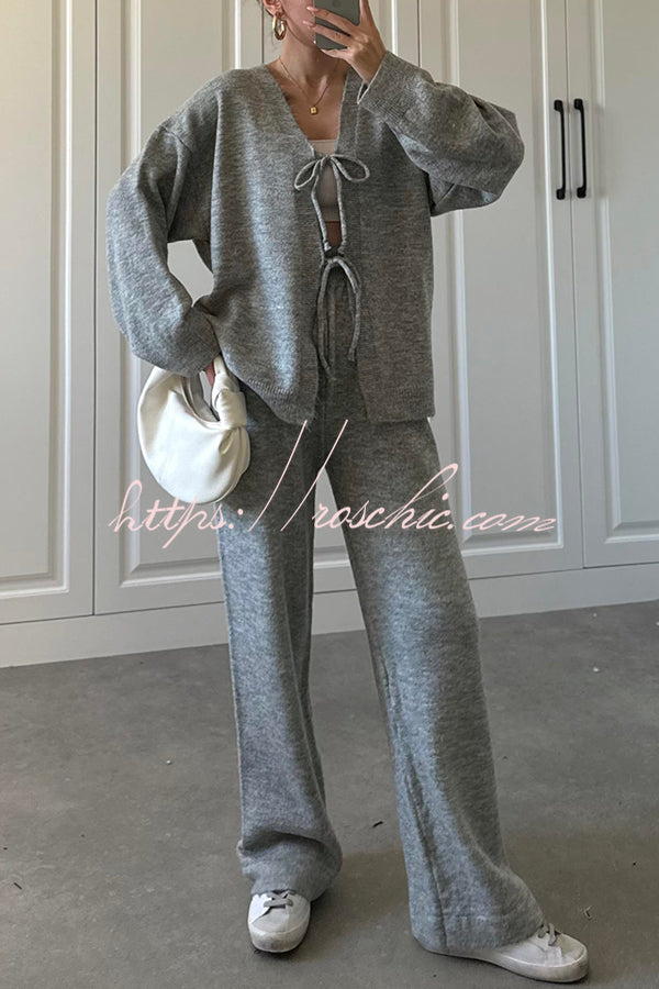 Solid Color V-neck Tie Long-sleeved Loose Knit Cardigan and Elastic Waist Casual Straight Leg Pants Set