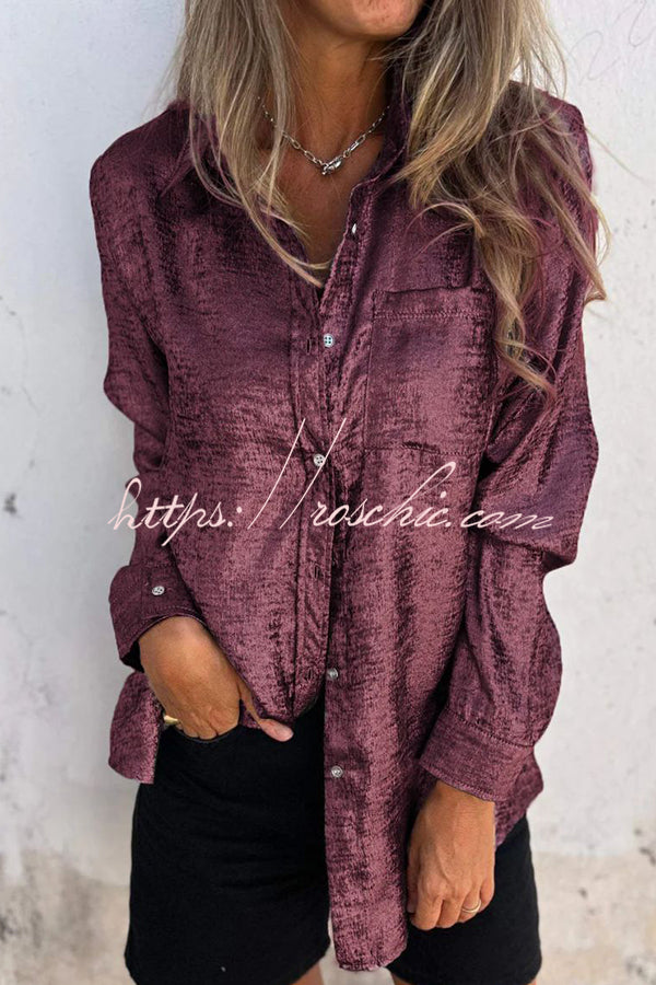 First and Fabulous Metallic Fabric Button Up Long Sleeve Loose Blouse