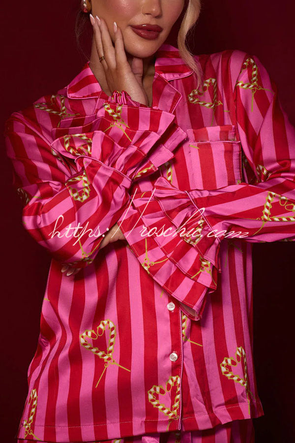 Festive Season Long Candy Stripe Tiered Bell Cuffs Elastic Waist Pocketed Pajama Set