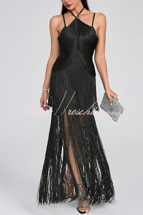 Sexy Halterneck Open Back Elegant Tassel Slim Maxi Dress