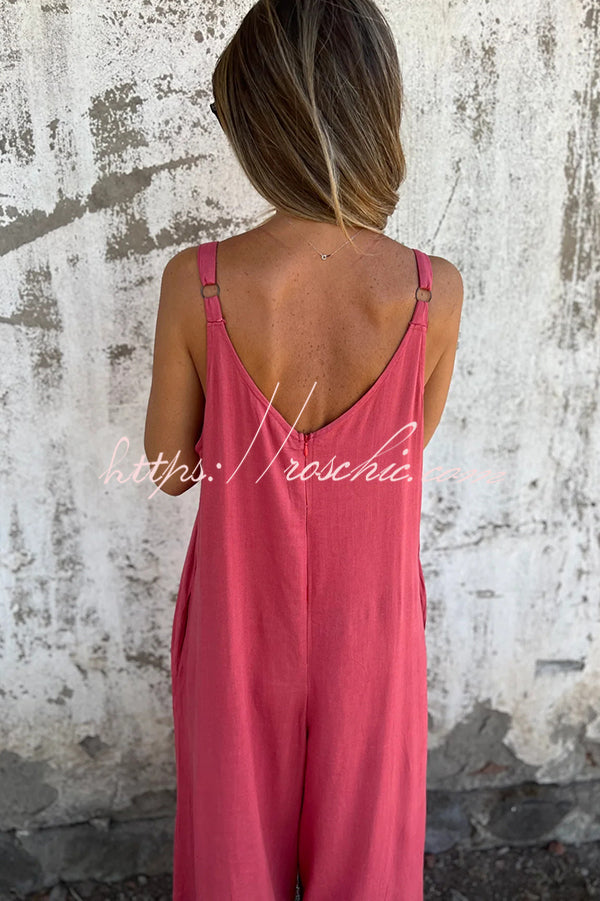 Linen Blend Solid Color Suspenders Loose Pockets Casual Wide-leg Jumpsuit