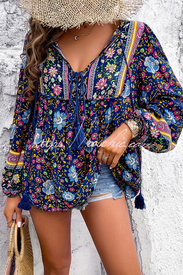 Intricate Floral Print V Neck Lace Up Paneled Long Sleeve Shirt