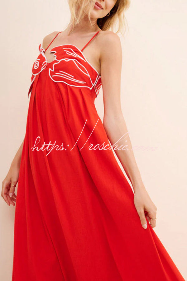 Red Fish Embroidered Sling Backless Maxi Dress