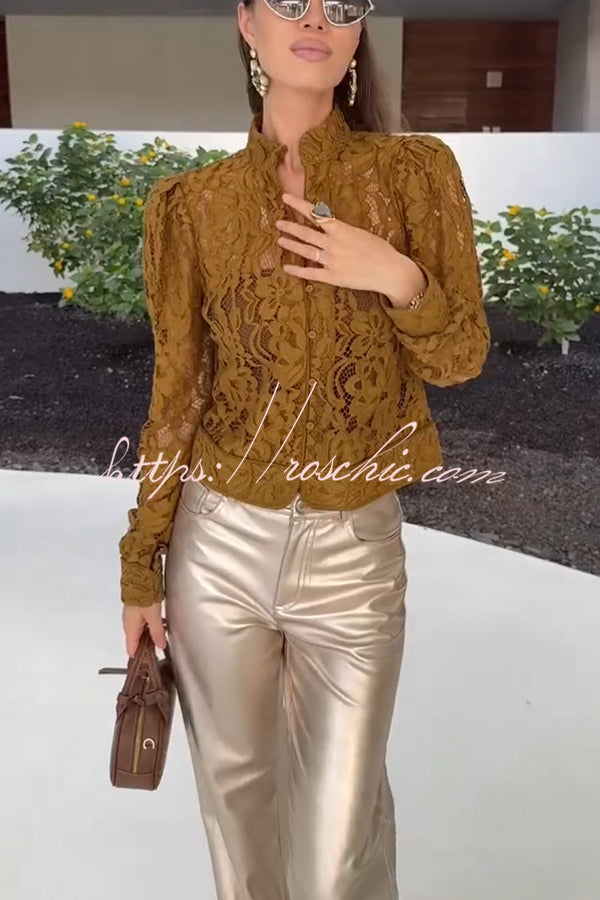 Palace Style Crochet Flower Lace Stand Neck Button Puff Sleeve Jacket