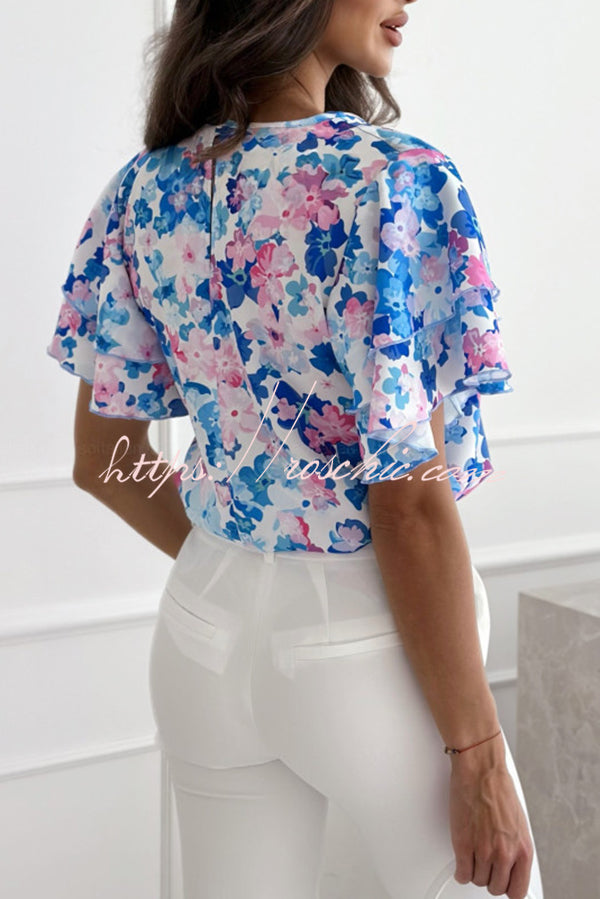 Floral Print Ruffle Sleeve Crew Neck Short Sleeve Top