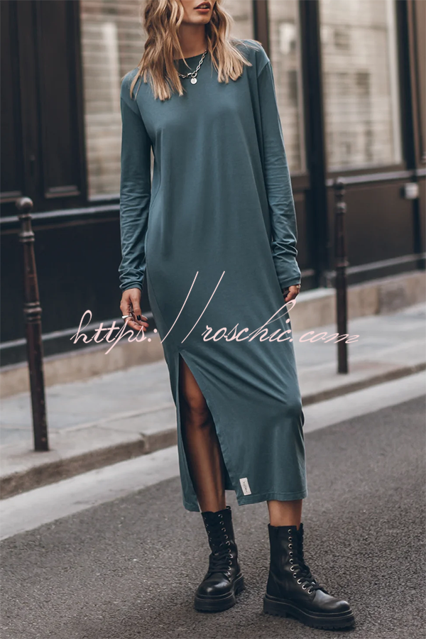 white christmas dresses The Bedisse Cotton Blend Long Sleeve Relaxed Slit Midi Dress – roschic