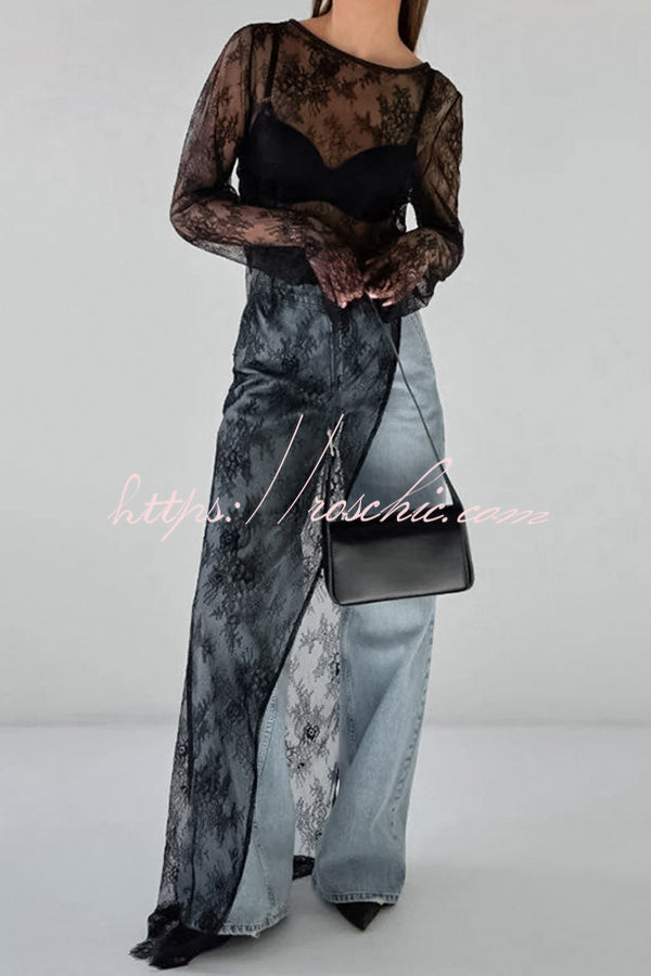 Sexy Openwork Lace Long-sleeved Asymmetrical Casual Top