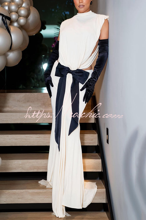 Sexy Open Back Bow Embellished Elegant Fishtail Maxi Dress