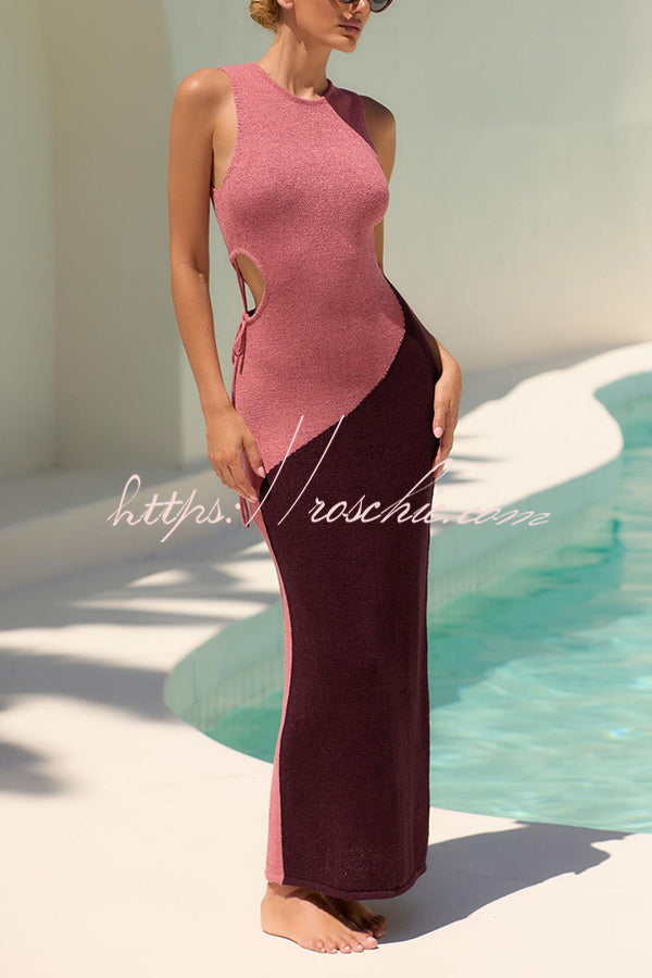 Sunday At The Beach Knit Color Block Sexy Hollow Lace-up Cover-up Maxi Dress