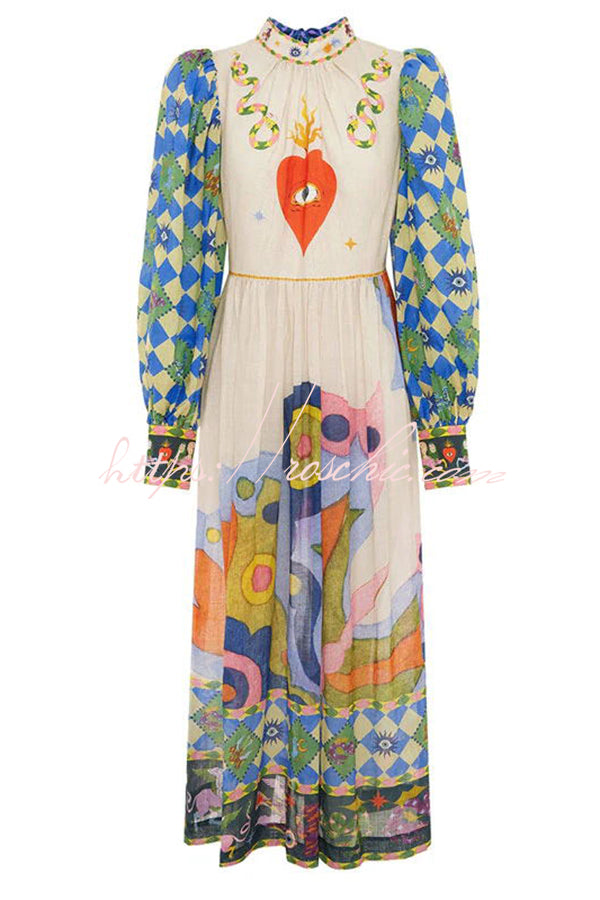 Dear To My Heart Unique Print Lantern Sleeve A-line Midi Dress