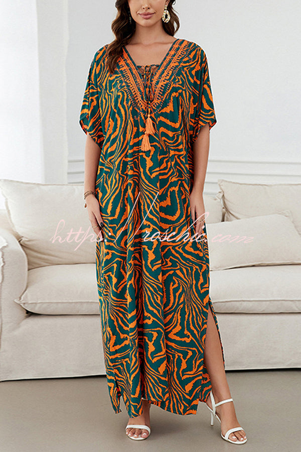 Floral Print V-Neck Lace-Up Loose Holiday Cover-Up Maxi Dress