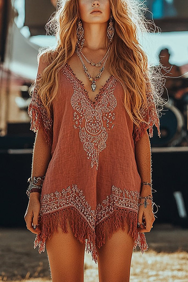 Unique Printed V-Neck Short Sleeve Fringe Loose Mini Dress
