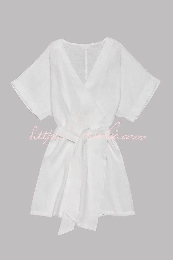 Breezy Retreat Cotton Linen Blend Pocketed Belt Kimono Mini Dress