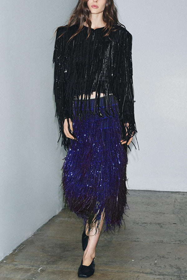 Party Crasher Layered Sequined Tassels High Rise Back Zipper Midi Skirt (Shipped Within 24 Hours)