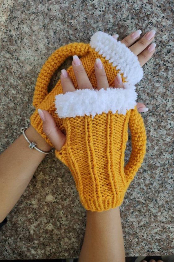 3D Beer Mug Shape Knitted Half Finger Gloves