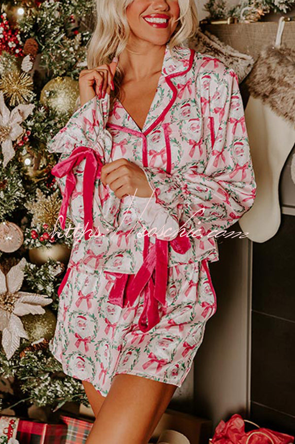 Christmas Dreaming Satin Santa Print Velvet Trim Elastic Waist Pocketed Pajama Shorts Set