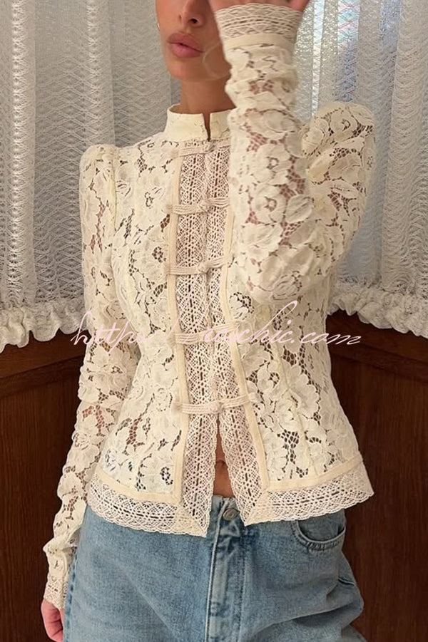 Fashion Hollow Lace Stand Collar Long Sleeve Slim Shirt