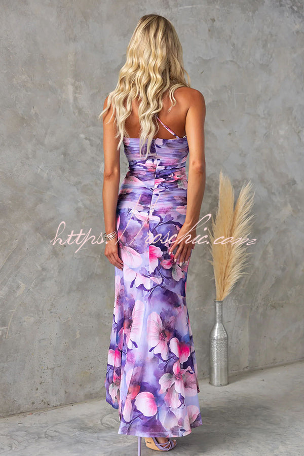 Deja Mesh Overlay Floral Print One Shoulder Ruched Stretch Maxi Dress