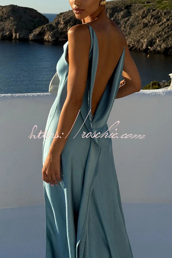 Flowing Elegance Satin Draped Neck Backless Ruffle Slit Maxi Dress