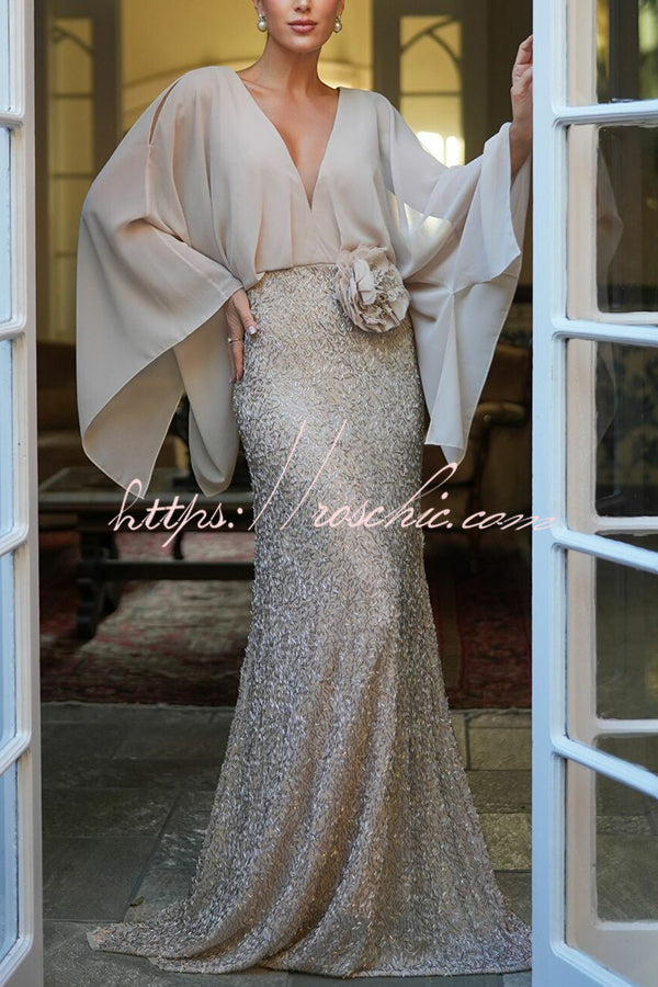 Aleina Chiffon Batwing Sleeve Flower Embroidered Waist Sequin Fabric Maxi Dress