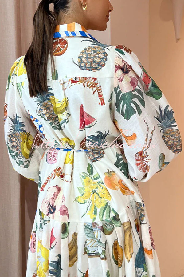 Hopeful Moments Tropical Fruit Print Balloon Sleeve Patchwork Shirt Midi Dress