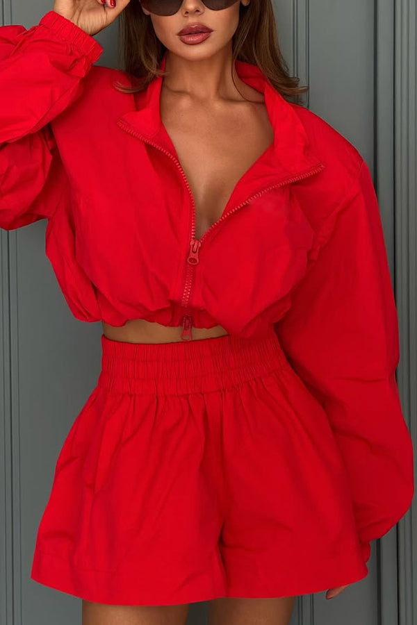 Solid Color Lapel Long-sleeved Loose Zipper Jacket and Elastic Waist Casual Shorts Set