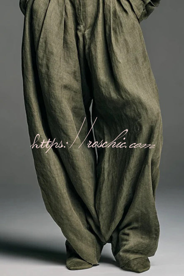 Linen Blend Lapel Long-sleeved Casual Shirt and High-waist Pocket Loose Wide-leg Pants Set