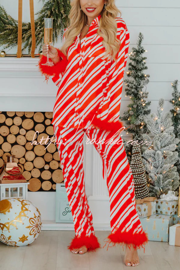 Christmas Party Striped Print Pocket Feather Elastic Waist Pajama Set