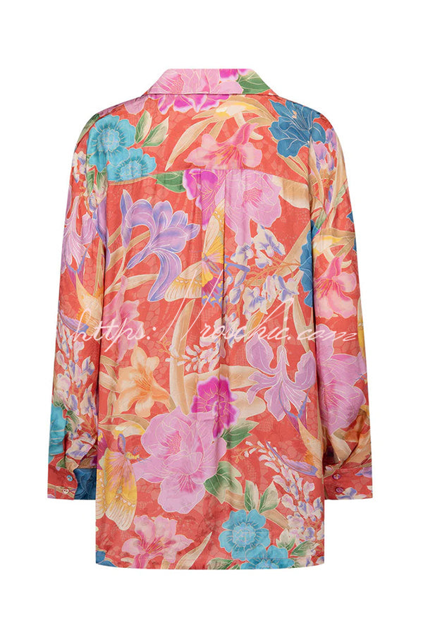 Painter's Garden Boho Floral Print Button Long Sleeve Relaxed Blouse