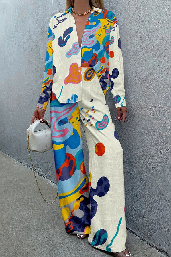 Stunning Art Print Buttoned Wide Leg Pant Suit