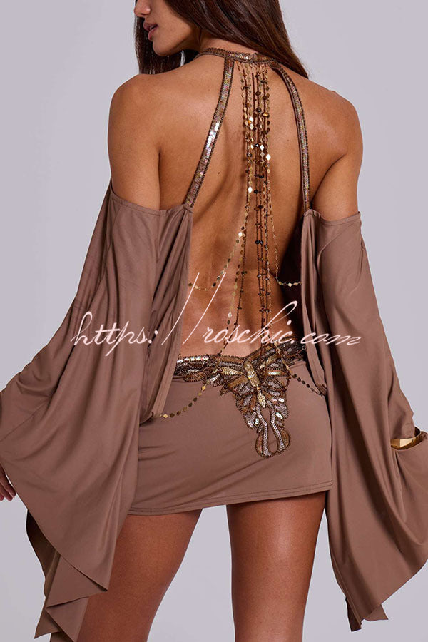 Alula Chain Sequin Embroidered Butterfly Kimono Slit Sleeve Backless   roschic
