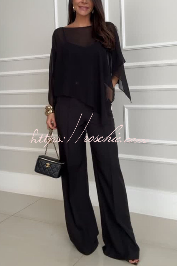 Vanie Chiffon Cape Batwing Sleeve Top and High Waist Pocket Wide Leg Pants Set