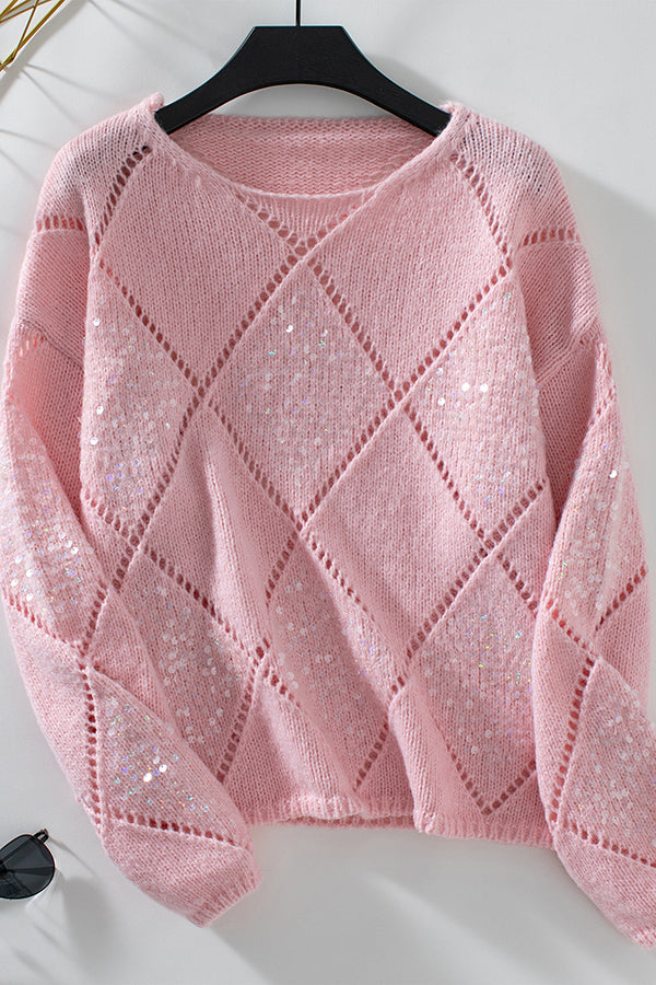 Fashionable Hollow Sequined Loose Rhombus Knitted Sweater