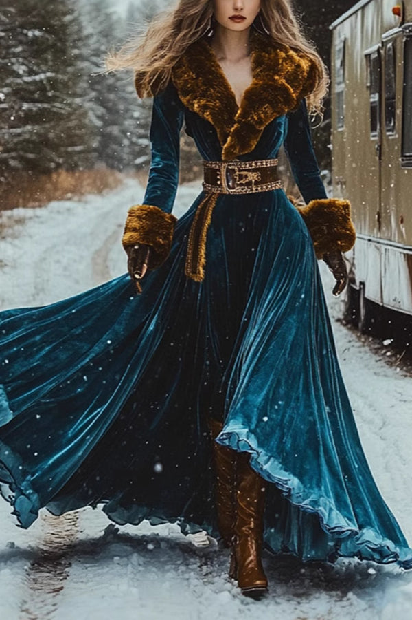 Gold Velvet Fashion Fur Collar Long Sleeve Elegant Maxi Dress