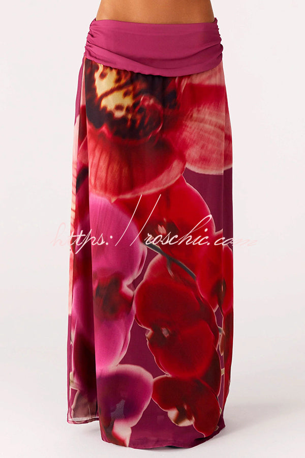 Sexy Deep V Backless Draped Camisole Top and Floral Print Chiffon Maxi Skirt Set