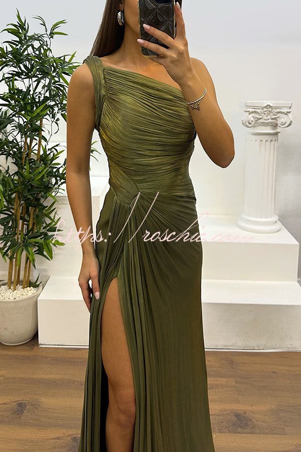 Fashion One-shoulder Pleated Ribbon Slim Slit Maxi Dress
