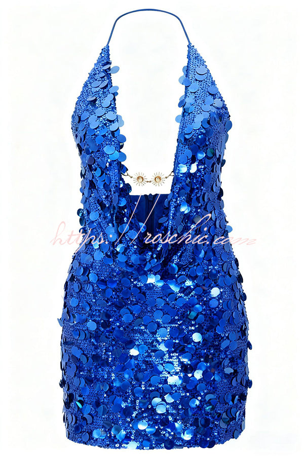 Sexy Halter Neck Sequined Open Back Mini Dress