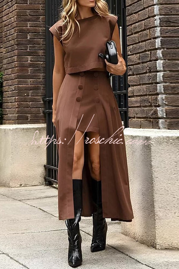 Solid Color Crew Neck Crop Top and High Waist Irregular Maxi Skirt Set