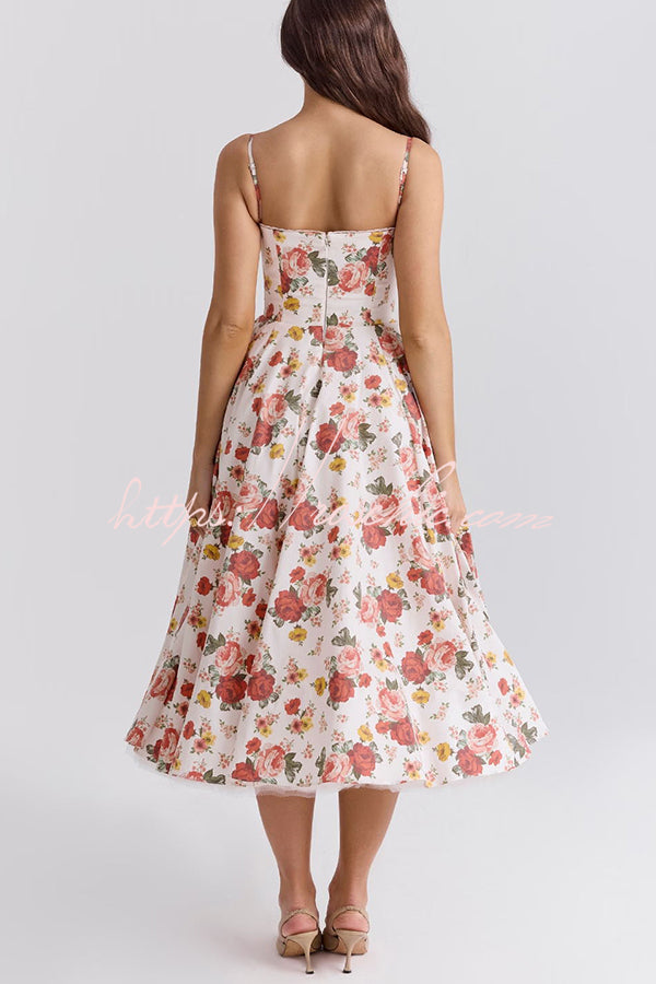 Fairy Tale Gorgeous Italian Rose Print Tulle Pocketed Slip Midi Dress