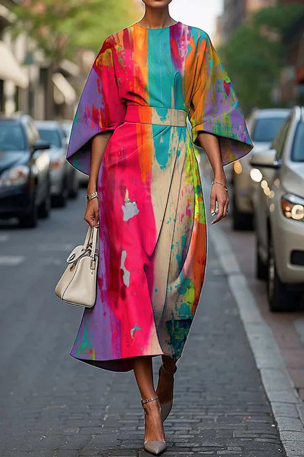 Unique Print Batwing Sleeve Waisted Casual Midi Dress